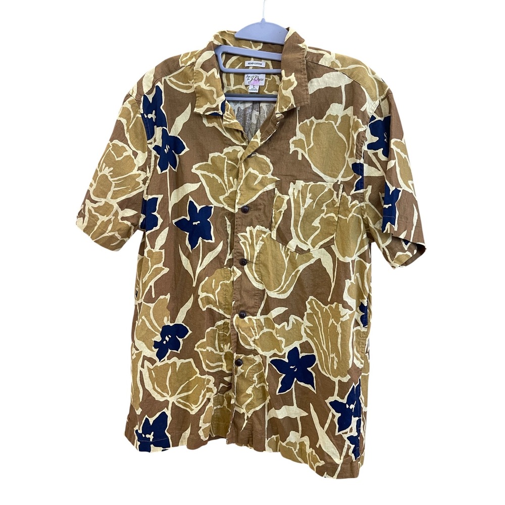 J.Crew Mens Large Hemp Cotton Floral Short Sleeve Button Down Camp Shirt Brown